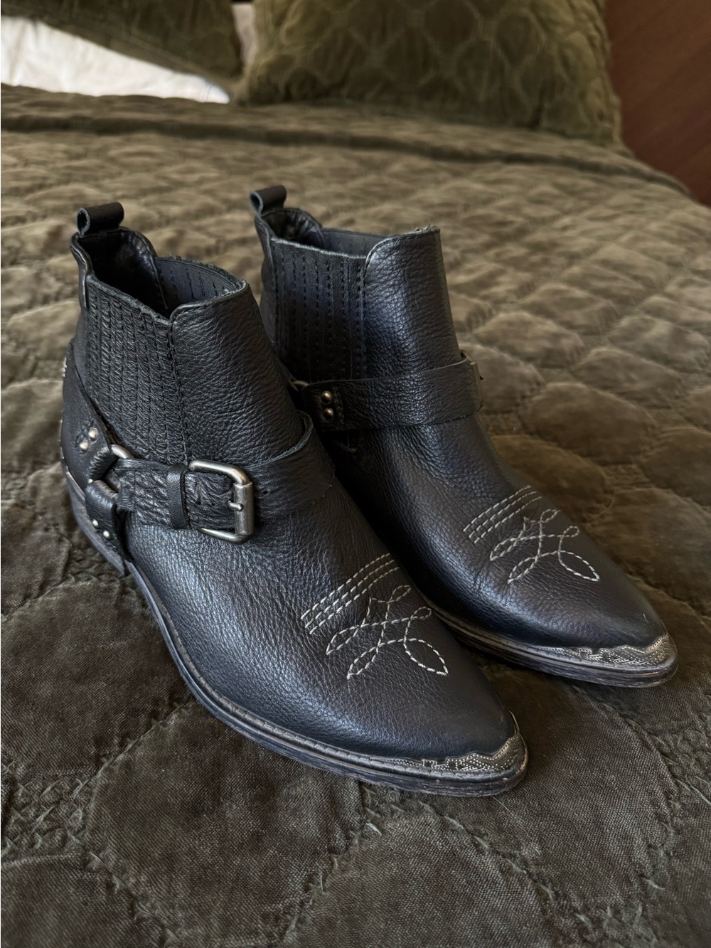 Zara Black Leather Biker Cowboy Ankle Booties with Buckle Strap